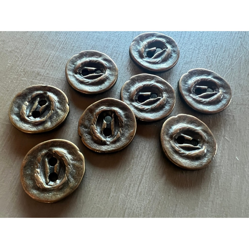 Vintage Metal Buttons Crafts 0.75" Bronze Textured 2-Hole Lot of 8 Rustic Rope
